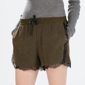 Zara Olive Green Black Lace Trim Elastic Waistband Pocket Shorts